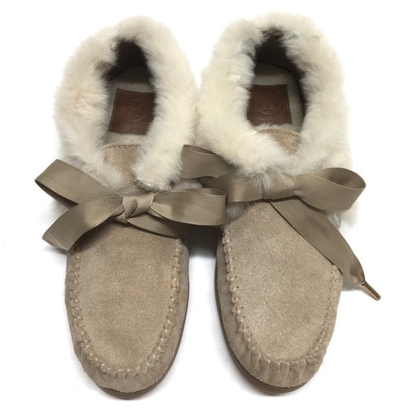 Tory Burch Shoes - Tory Burch Aberdeen Split Suede Genuine Rabbit Fur Trim Slipper Natural/Camel 7